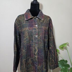 Chico's Embroidered Denim Jacket in Black with Multicolor Stitching